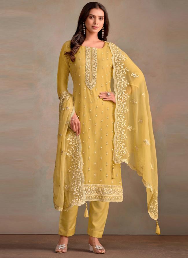 Organza Yellow Festival Wear Sequins Work Straight Suit